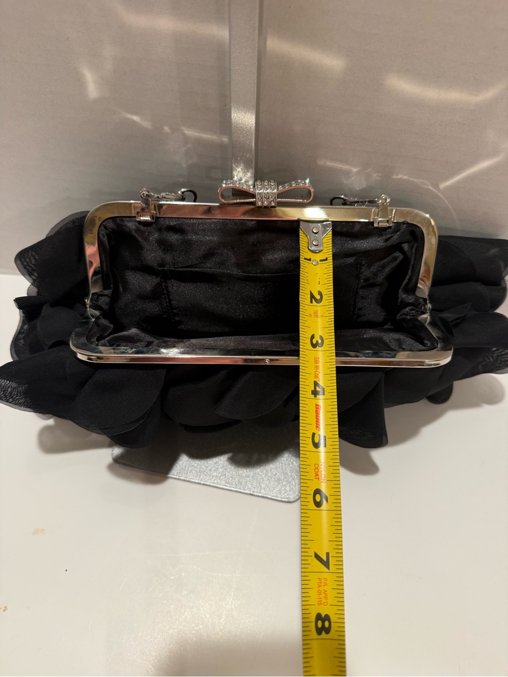 Elegant Black Ruffled Chain-Handle Clutch with Crystal Detail - Picture 7 of 15